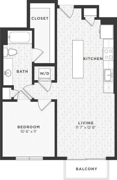 Floor plan for 1 bed, 1 bath, 714 sqft